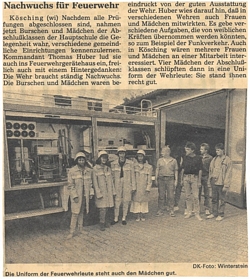 Zeitungsartikel aus dem Jahre 1987: Erstmals informierten sich junge Frauen über den Dienst in der Feuerwehr Kösching.